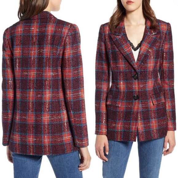 Halogen Nordstrom Avondale Tweed Plaid Wool Blend Blazer Jacket Coat S $149 Red - Picture 2 of 16